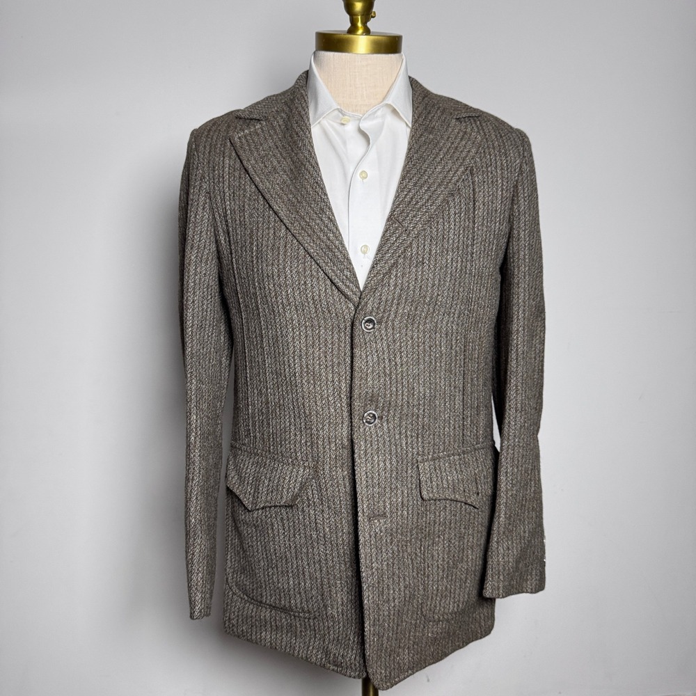 1970s National Shirt Shops Blazer Mens 38L Brown Herringbone Tweed Vintage
